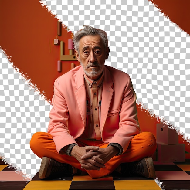 A bored middle aged man with short hair from the asian ethnicity dressed in solving puzzles attire poses in a standing with crossed ankles style against a pastel coral background