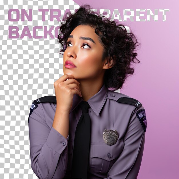 A bored middle aged woman with curly hair from the asian ethnicity dressed in police officer attire poses in a hand on chin thoughtful pose style against a pastel lilac background