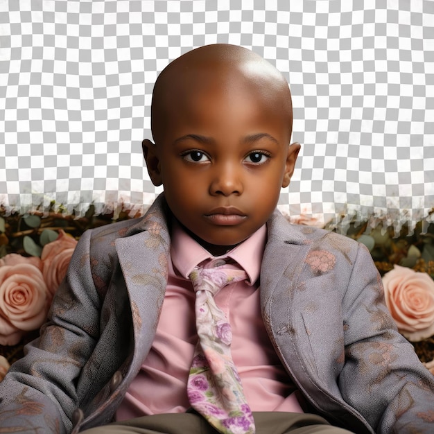 A bored preschooler boy with bald hair from the african ethnicity dressed in journalist attire poses in a lying down with head propped up style against a pastel rose background