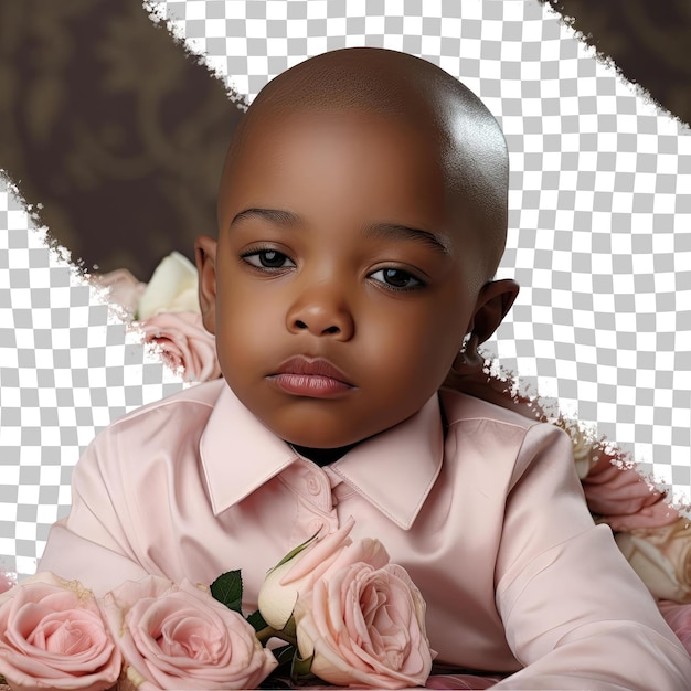 PSD a bored preschooler boy with bald hair from the african ethnicity dressed in journalist attire poses in a lying down with head propped up style against a pastel rose background