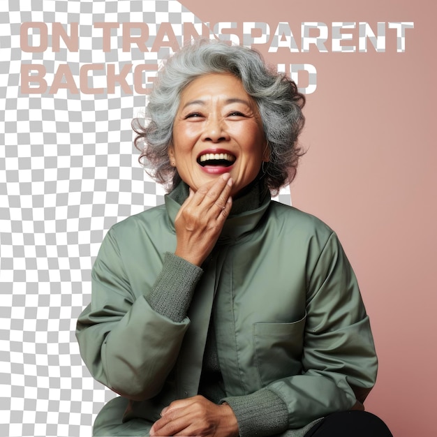 PSD a bored senior woman with curly hair from the east asian ethnicity dressed in scrapbooking memories attire poses in a laughing with hand covering mouth style against a pastel mint background