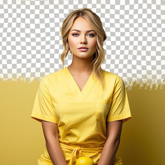 A bored young adult woman with blonde hair from the african ethnicity dressed in neurosurgeon attire poses in a one hand on waist style against a pastel lemon background