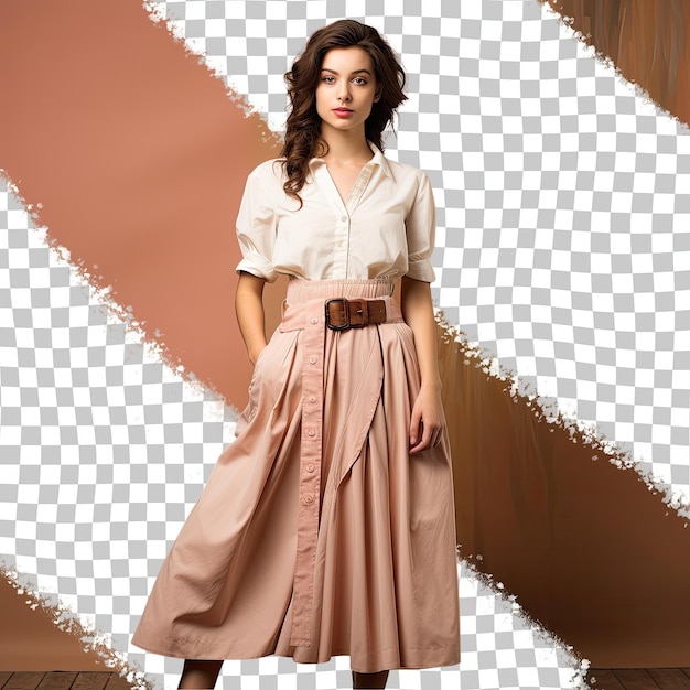 PSD a bored young adult woman with long hair from the slavic ethnicity dressed in carpenter attire poses in a full length with flowing dress style against a pastel peach background