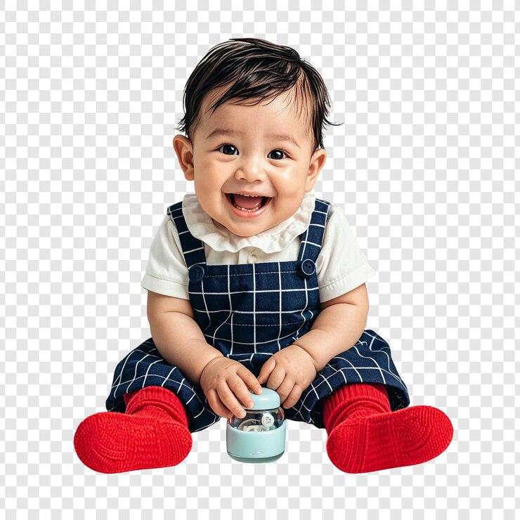 PSD born baby is smiling and sitting on the floor isolated transparent background