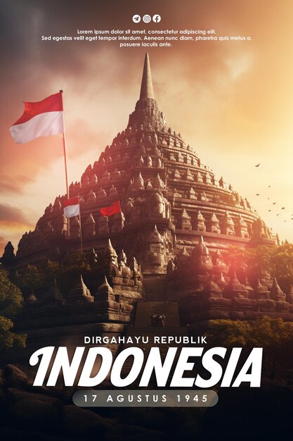 PSD borobudur temple independence day greeting poster template