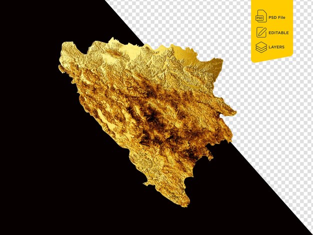 PSD mappa della bosnia-erzegovina mappa di colore metallico dorato mappa di altezza su sfondo nero illustrazione 3d