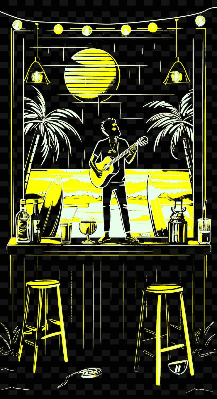 PSD bossa nova singer performing in a brazilian beach bar with c vector illustration music poster idea