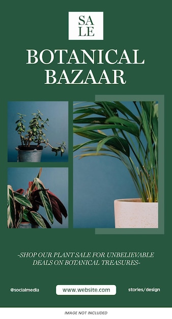 Botanical Bazaar sprzedaż instagram historie szablon PSD Projekt banerów mediów społecznościowych temat zielony układ