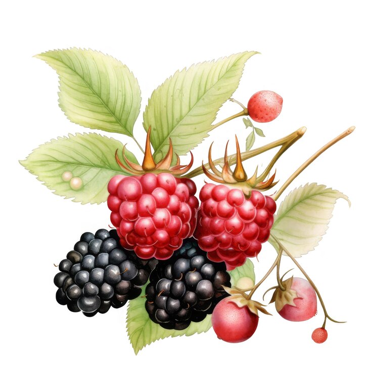 PSD botanical illustration of raspberries and blackberries with leaves and berries