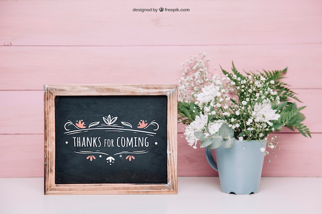 botanical mockup with slate and flower pot