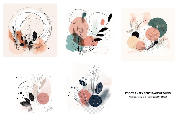 PSD botanical wall art vector set foliage line art drawing with abstract shapes