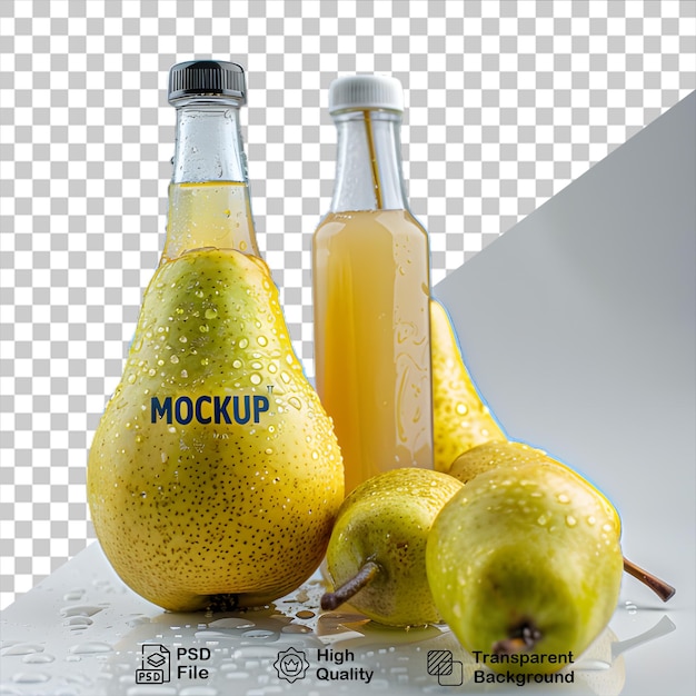 A bottle of blender sits next to two pears