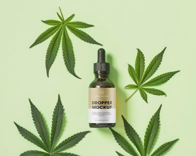 A bottle of cbd oil surrounded by cannabis leaves