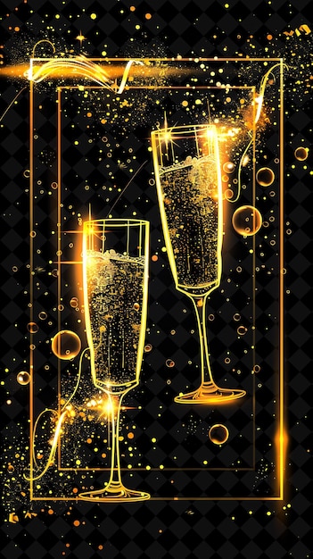 Una bottiglia di champagne con luccioli d'oro scintillanti su uno sfondo nero