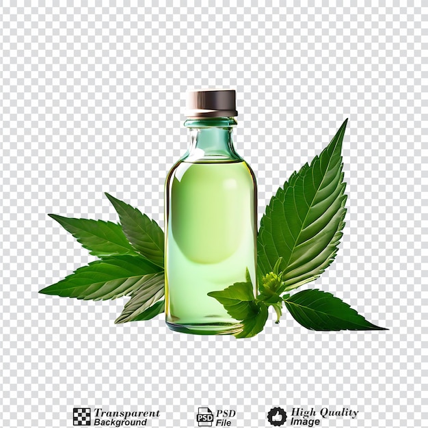 PSD a bottle of essential oil with a green leaf next to it isolated on transparent background