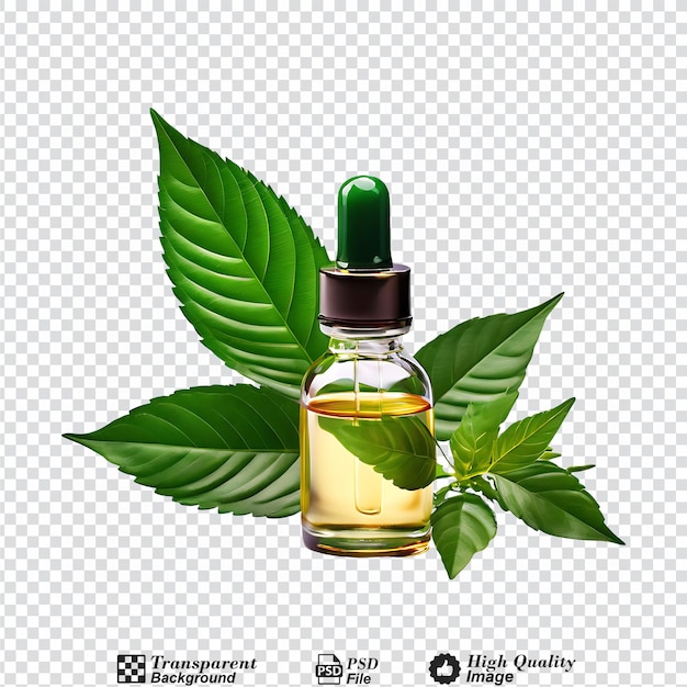 PSD a bottle of essential oil with a green leaf next to it isolated on transparent background