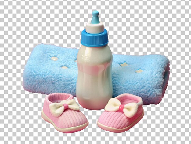 PSD bottle for milk with towels and nipple on blue background