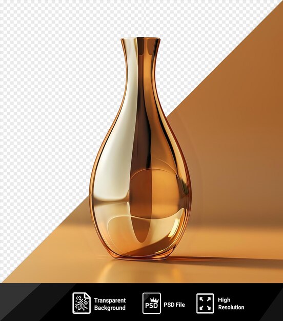 A bottle of gold color is shown on a shiny table against a white wall with a shiny vase in the background and a dark shadow cast on the table png