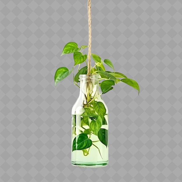 PSD a bottle of green basil hanging from a string with a plant on it