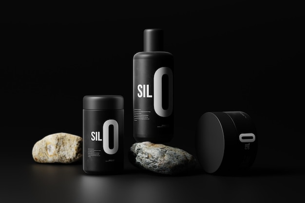 a bottle of lg with a black background and some other items