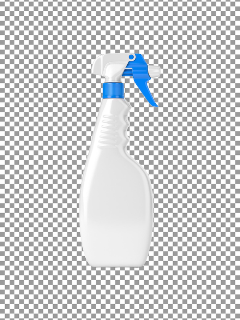 Una bottiglia di spray liquido con un tappo blu su sfondo trasparente