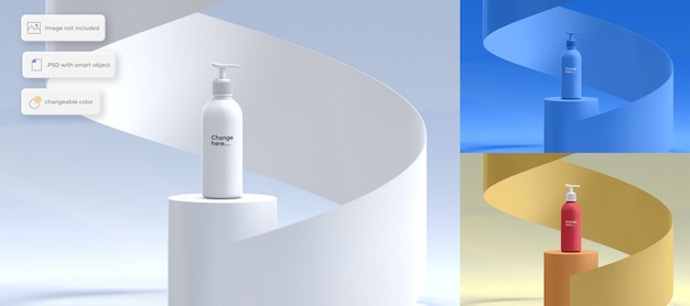 PSD bottle of lotion on podium mockup with spiral object