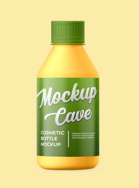 A bottle of makeup bottle is on a yellow background.