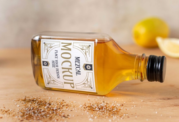 Bottle of mezcal drink with lemons