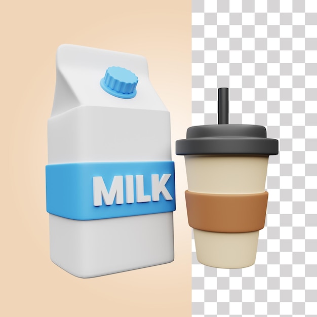 A bottle of milk and a cup of coffee are shown with a plastic cup.