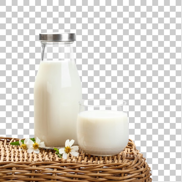 PSD a bottle of milk and glass of milk on a basket table with transparent background png nutritious and healthy dairy products