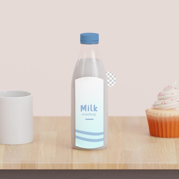 Bottle of milk on top of a table with a cup and a cupcake 3d render mockup