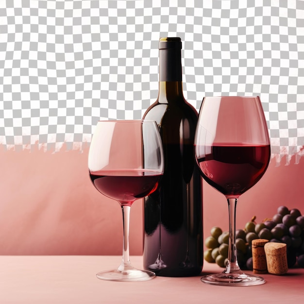 PSD Бутылка вина, два стакана винограда на столе для питьевого сеанса.
