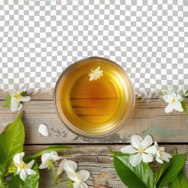 PSD a bottle of olive oil sits on a wooden table with flowers and leaves