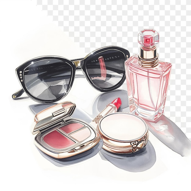 PSD a bottle of perfume next to a pair of sunglasses