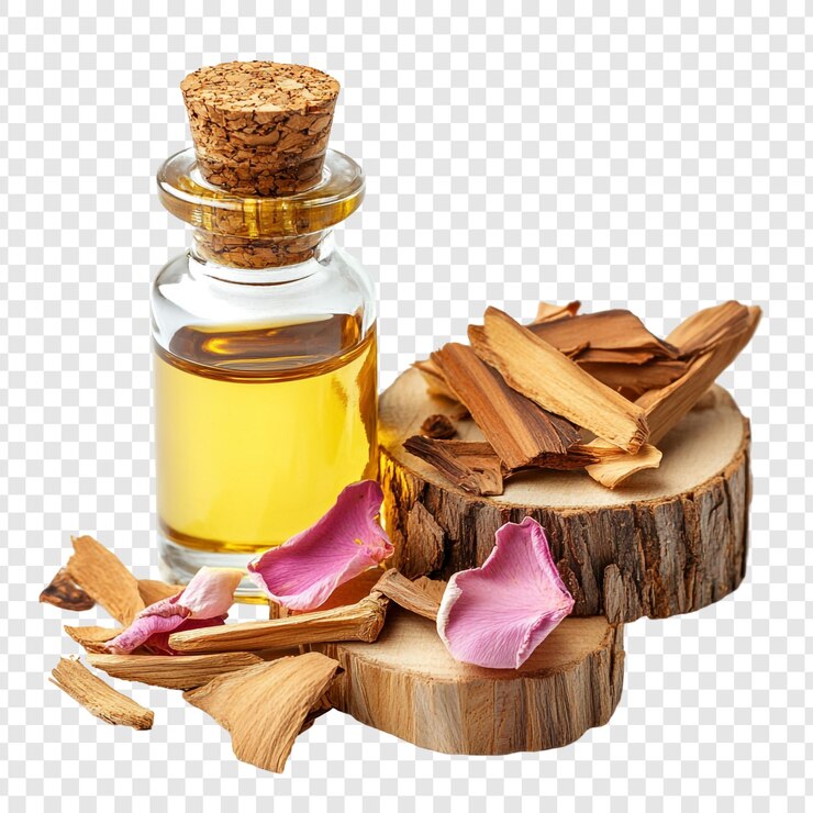 PSD a bottle of perfume sits on a stump with a bottle of oil