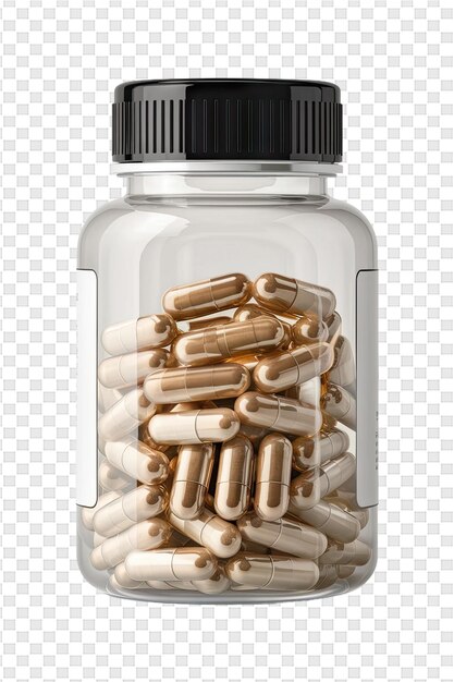 A bottle of pills with a black cap on it