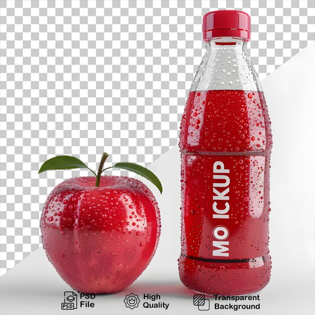 PSD una bottiglia di succo di mela rossa con foglie isolate su uno sfondo trasparente