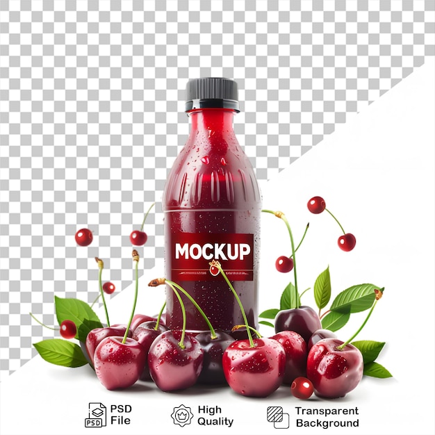 PSD a bottle of red liquid with a bunch of cherries on it