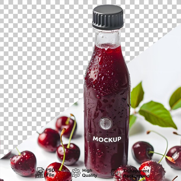 PSD a bottle of red liquid with a bunch of cherries on it