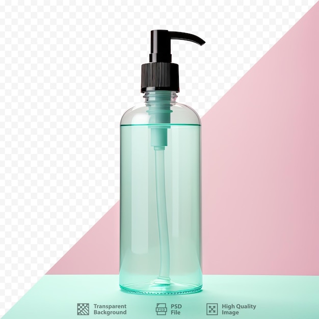 A bottle of shampoo is on a table with a pink background.