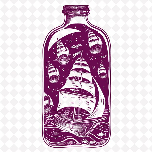 A bottle of ship in the ocean with a ship in the background