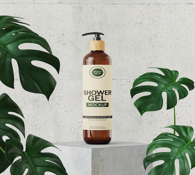 A bottle of shower soap mockup sits on a concrete platform