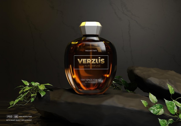 A bottle of verteus cologne sits on a rock