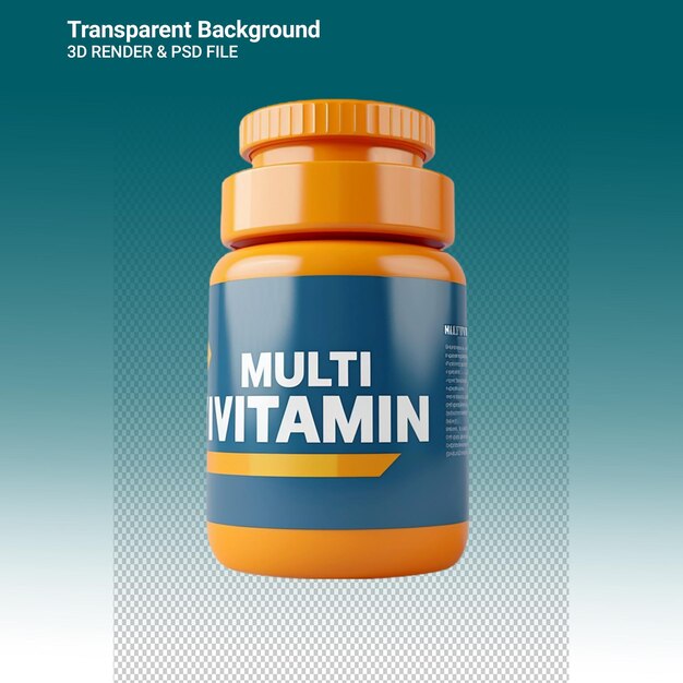 Una bottiglia di vitamine si trova su uno sfondo blu