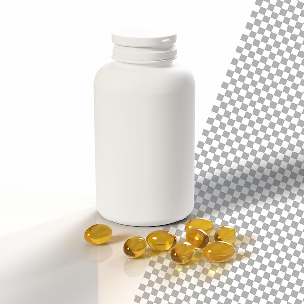 A bottle of vitamins next to some pills on a white background.