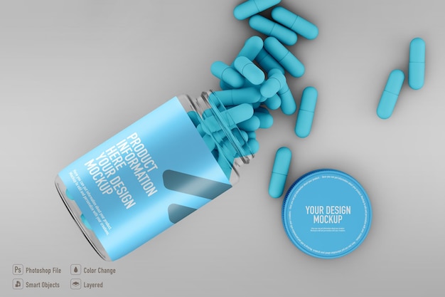 Bottle with blue pills mockup isolated on soft color background