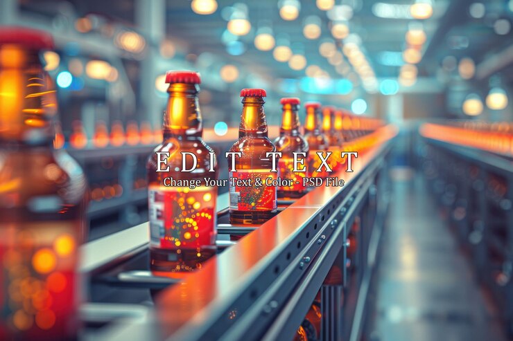 PSD bottles of beer on a conveyor belt in a factory