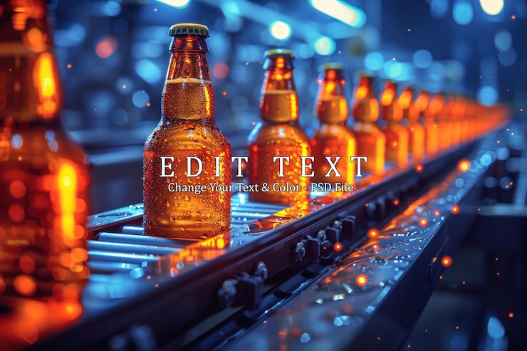 PSD bottles of beer move along a conveyor belt in a factory