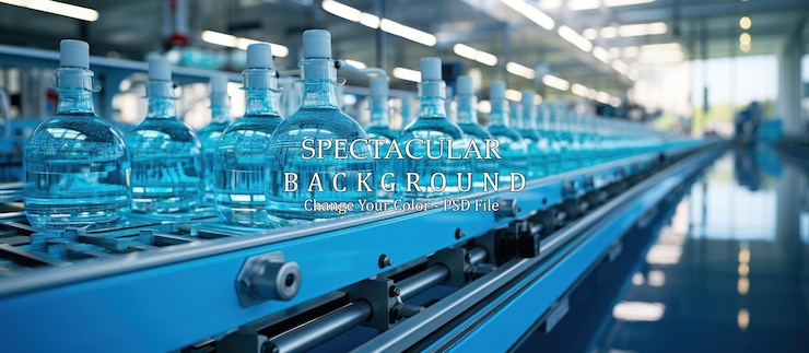 PSD bottles of water on the conveyor belt in a modern factory