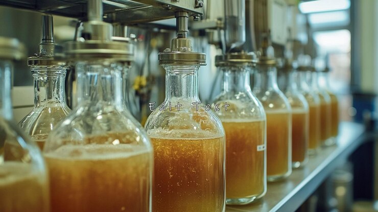 PSD bottling line filling amber liquid into glass bottles
